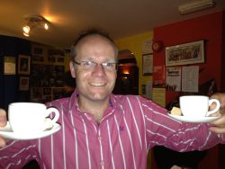 Rich starts the evening with a couple of cheeky espresso cups